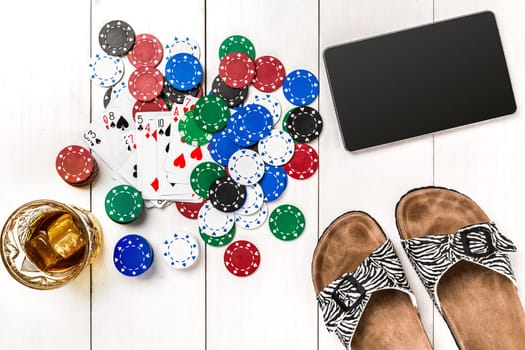 Post blog social media poker. View from above with copy space. Banner template layout mockup for online casino. Wooden white table, top view on workplace. Banner for online casinos and gambling