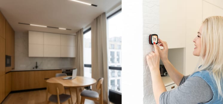 Woman using smartphone to control home connectivity interface