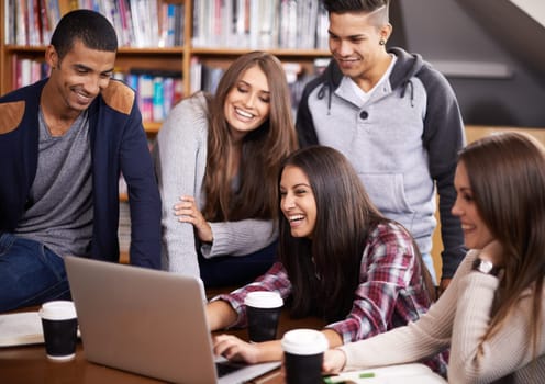 University, friends and people on laptop laugh for social media in library for project, study and learning. Education, college and happy men and women on computer for knowledge, internet and humour.