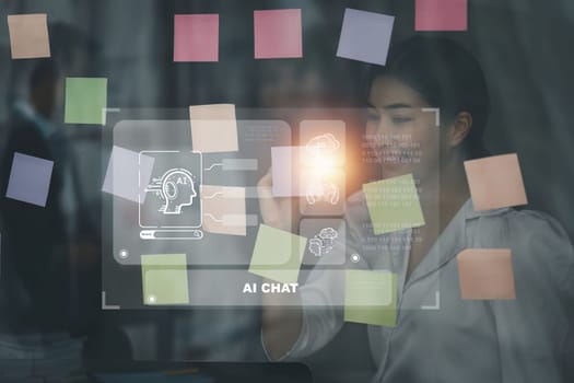 Chatbot Chat with AI, Artificial Intelligence. Business woman using technology smart robot AI. Futuristic technology transformation, finance, teamwork, Big data Graphs Charts concept.