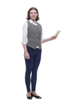 casual mature woman with a bundle of banknotes. isolated on a white background.