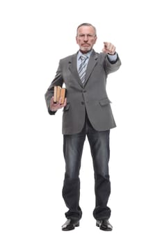 Handsome senior teacher man with books over isolated background happy with big smile doing ok sign, thumb up with fingers, excellent sign