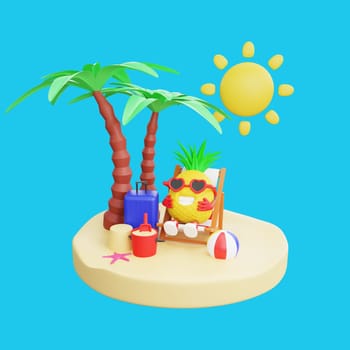 3D render design of a cute pineapple character for summer vacation
