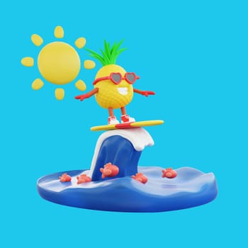 3D render design of a cute pineapple character for summer vacation