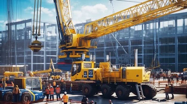 Construction site with large crane. Generative AI. High quality illustration