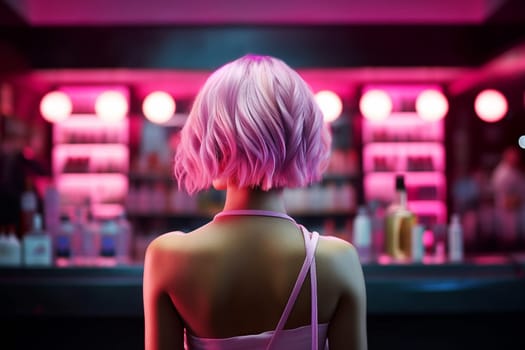 A girl with pink hair stands at the counter in a beauty salon. Generative AI. High quality illustration