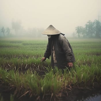 A man in a wide-brimmed hat harvests a rice field. Generative AI. High quality illustration