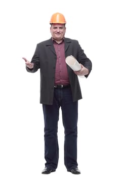 business man architect with drawings. isolated on a white background.