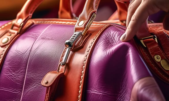 Expensive bag made of purple leather. Generative AI. High quality photo