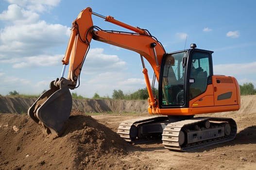 A minitractor rakes the earth with a bucket. Land works. Generative AI