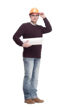 man in a protective helmet with drawings of a new project . isolated on a white background.