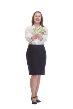 in full growth. happy business woman with banknotes. isolated on a white background.
