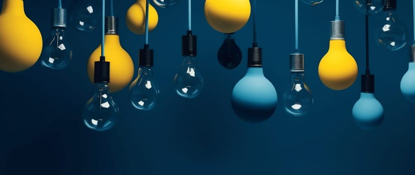 intelligence idea solution yellow blue light illuminated network illumination creative energy conceptual bulb creativity power bulb light electricity shape background incandescent concept. Generative AI.