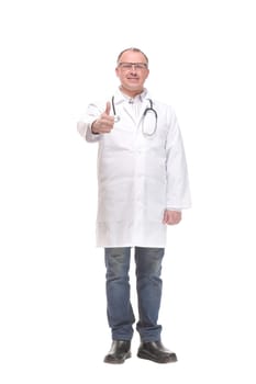 Front view portrait of happy doctor with stethoscope looking at camera