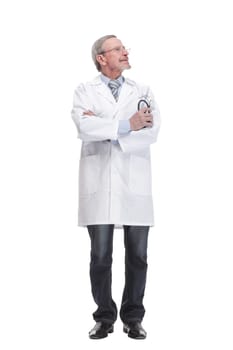 Smiling experienced doctor with a stethoscope on a white background looking at camera