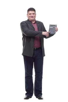 Mature business man with a calculator. isolated on a white background.