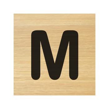 A capital M wood block on white with clipping path