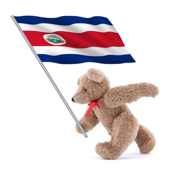 A Costa Rica flag being carried by a cute teddy bear
