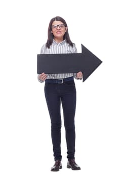 Beautiful business woman holding a black direction arrow sign, over a white background. Concept of the choice