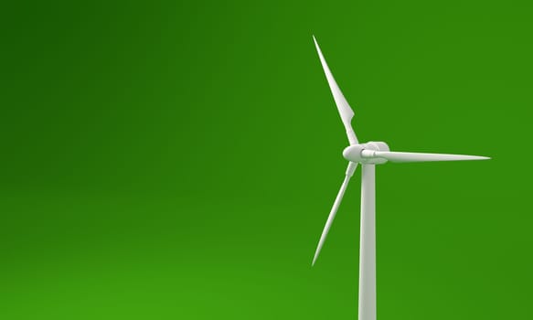 White Wind turbine on green background. Green energy concept. 3D rendering.