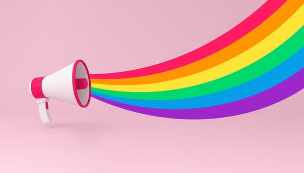 Megaphone Announcement on Pink Background with pride rainbow flag. 3d illustration.