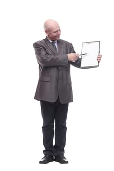 in full growth.Executive business man with clipboard. isolated on a white background.