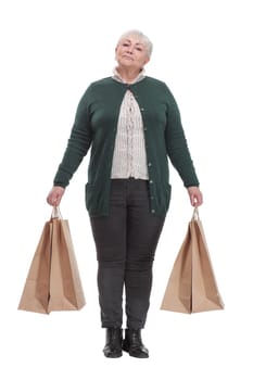 The back of semior businesswoman walking away. Rear view. Isolated over white.