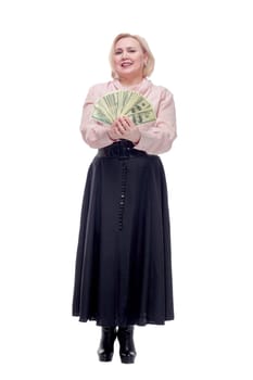 Young happy blinde woman with dollars in hand. Isolated on white background.