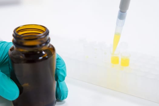 Laboratory worker pours liquid samples into glass tubes with pipette dispenser. Scientist does chemical test using glassware