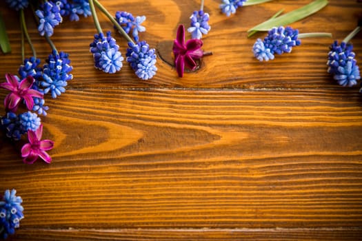Wooden background with spring flowers and empty space for text.