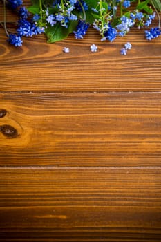 Wooden background with spring flowers and empty space for text.