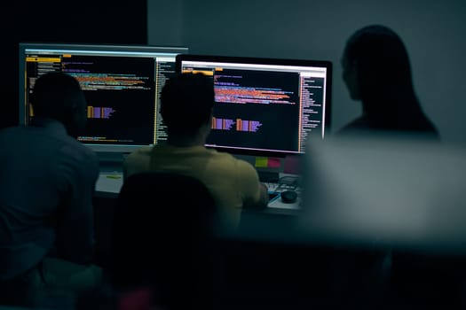 Programming, code and computer with business people in office at night for cyber security, cloud computing and data. Software development, teamwork and digital with developers for coding and network.