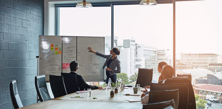 Meeting, presentation and whiteboard with a business woman in the boardroom for planning or strategy. Collaboration, flare or report in an office with people around a table during a training workshop.