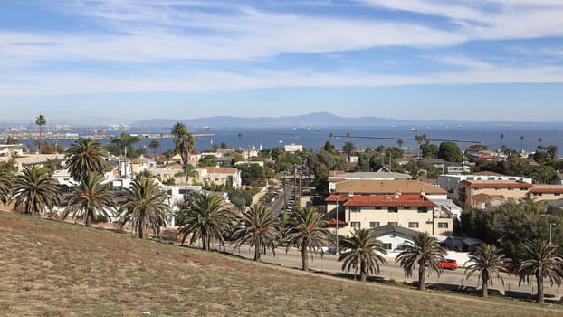 The view from Angel's Gate Park, in the San Pedro neighbourhood of Los Angeles, across the Los Angeles dockland area towards Long Beach.