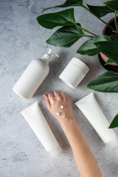 Woman apply white cream on her hands on gray background with cosmetic cream decorate with fresh green leave. Natural skincare concept.