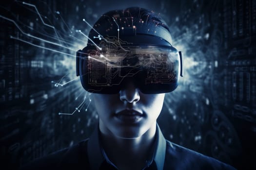 electronic woman man tech touch hologram future technology neon game human information line business modern connection concept digital virtual glasses headset. Generative AI.