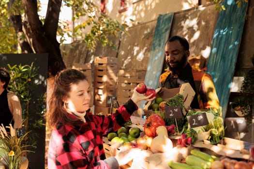 Woman doing grocery shopping at local farmers market, female customer choosing onions and buying fresh homegrown fruits or veggies. African american farmer selling natural organic produce.