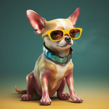 dog pet chihuahua funny happy background looking mammal adorable young glasses cute animal portrait fun fashion canino puppy yellow collar isolated. Generative AI.