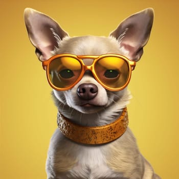 dog animal adorable clever sunglasses cute portrait background chihuahua glasses puppy goggles white doggy funny humor pet yellow looking concept tie. Generative AI.