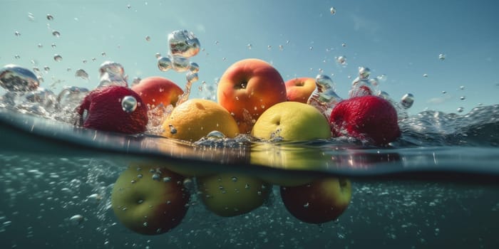 fresh splashing fruit red food drop strawberry vegetarian apple healthy nature kiwi green copy concept citrus ingredient agriculture vitamin space background water. Generative AI.