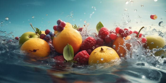 market vegetable berry drop water vitamin fruit healthy green fresh background yellow lemon delicious orange wave ingredient food liquid organic strawberry. Generative AI.