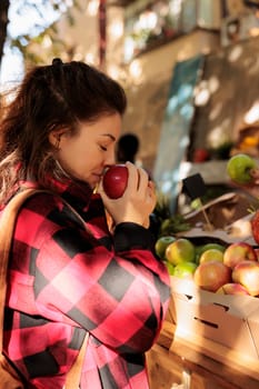 Female client smelling apples and shopping at farmers market, buyer standing near market stall choosing locally grown fresh organic fruits and vegetables. Visiting harvest fair festival.