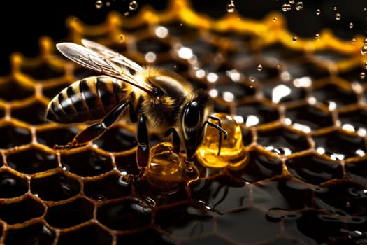 honey bee wild honeybee wildlife honey apiculture closeup food pollen yellow honeycomb bee background nectar flying nature gold macro natural hexagon insect. Generative AI.