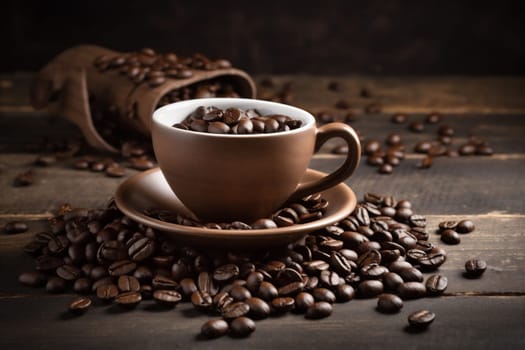 espresso mug wood food table latte bean beverage drink roasted taste space morning cafe cup old black breakfast brown aroma. Generative AI.