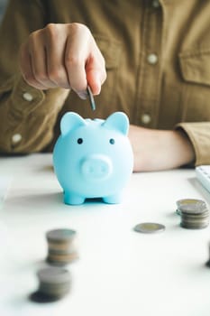 Woman hand putting coin on pig saving. Saving money wealth and financial concept, Business, finance, investment, Financial planning.