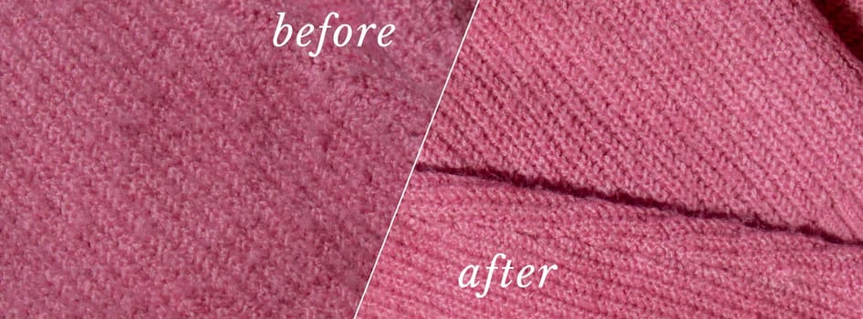 BEFORE AFTER effect of Anti-pilling razor. Banner Device for shaving pellets clothes. Anti-Plush fabric Shaver. Electric portable sweater pill defuzzer Lint remover from acrylic or wool sweater. Sustainability lifestyle fashion, reducing clothing waste recycling