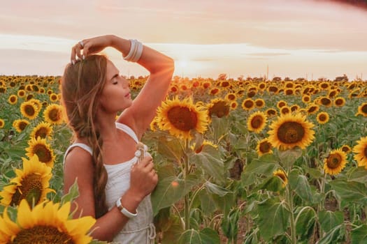 Woman in the sunflowers field. Summer time. Young beautiful woman standing in sunflower field.