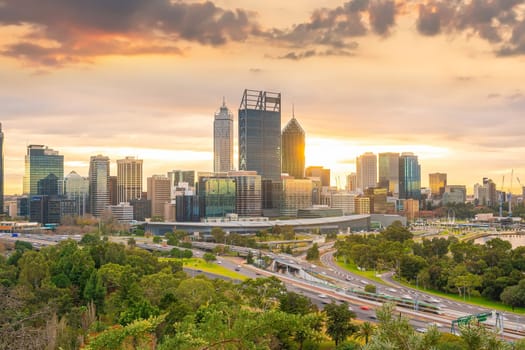 Perth downtown city skyline cityscape of Australia at sunset