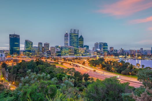 Perth downtown city skyline cityscape of Australia at sunset