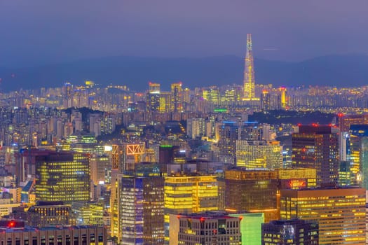 Downtown Seoul city skyline, cityscape of South Korea at sunset